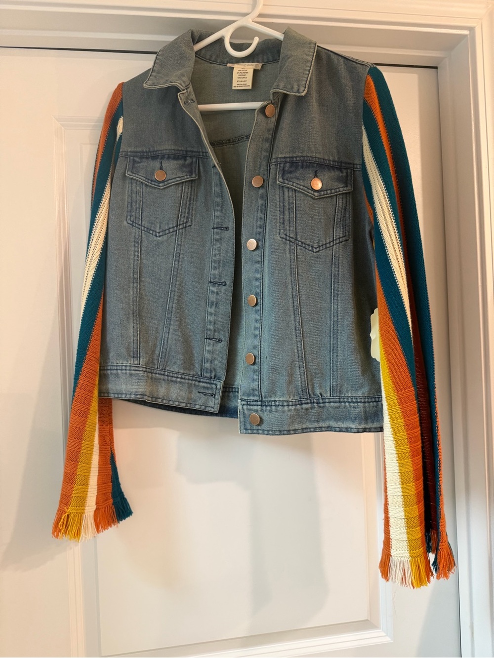 Altar’d State Denim Jacket with Multicolor Striped Knit Sleeves - Teal/Orange